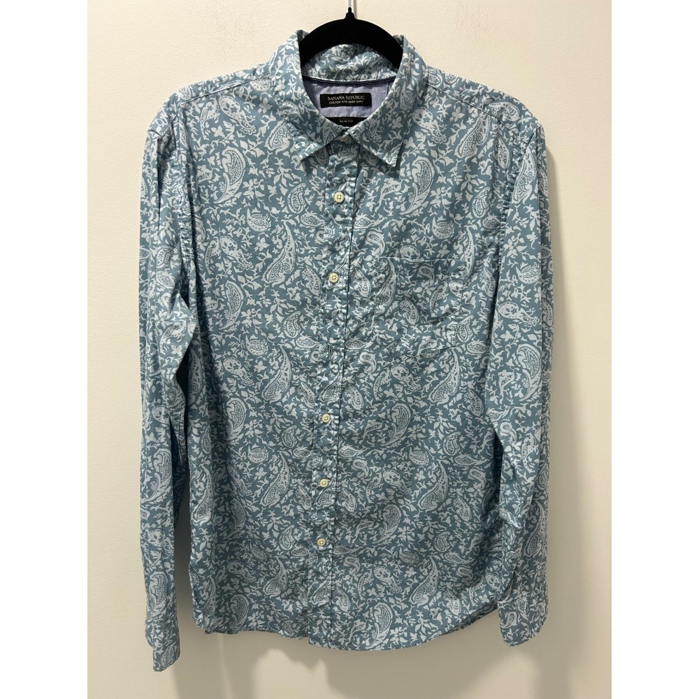Banana Republic Mens Slim Fit Paisley Cotton Button Down Shirt Blue Size M